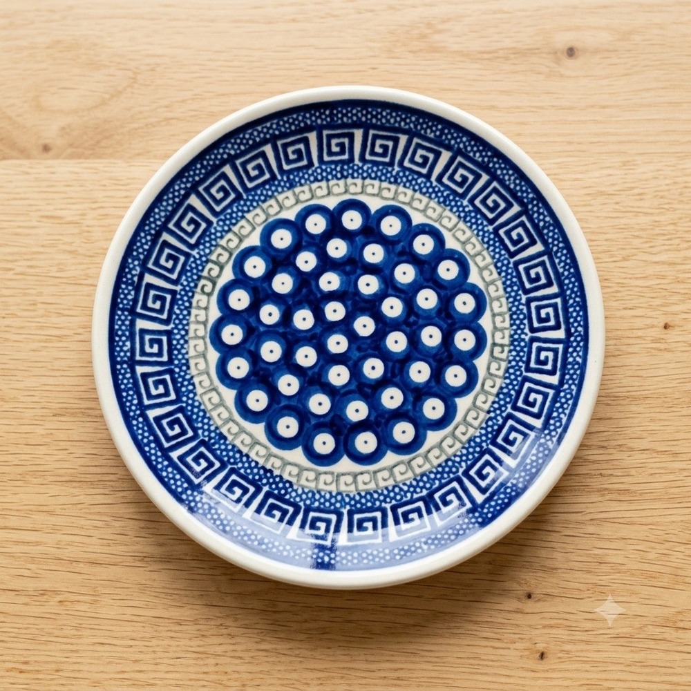 Vintage Boleslawiec Polish Pottery Plate Peacock Eye Greek Key Hand Made